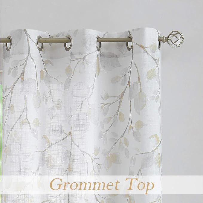 Yellow Leaf Floral Print Metallic Sheer Curtain - Image 3