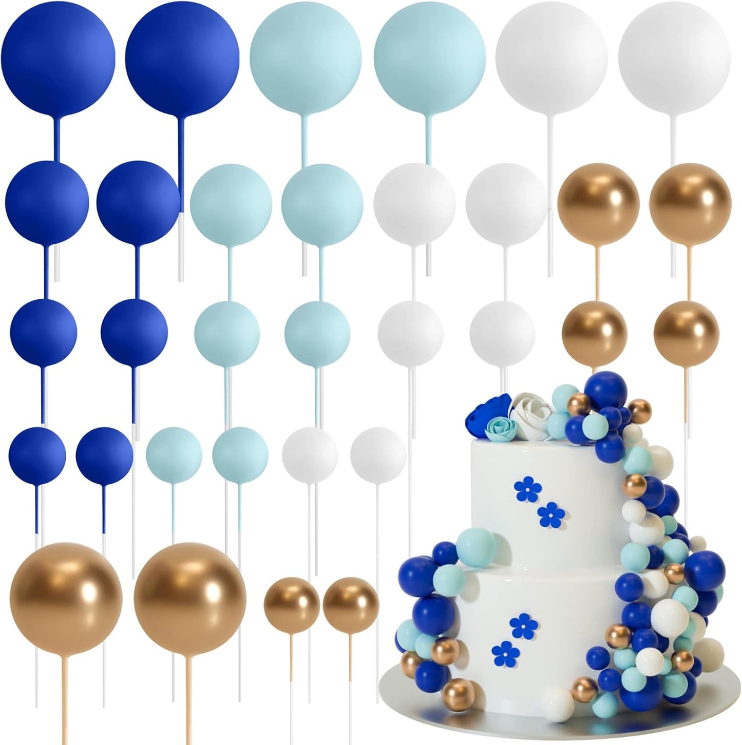 ASTARON Ball Cake Topper, 32 Pcs Foam & Wire Decorations, Mini Balloons Cake Topper Sticks, 4 Colors/Sizes for Wedding Party Birthday Cake Decorating