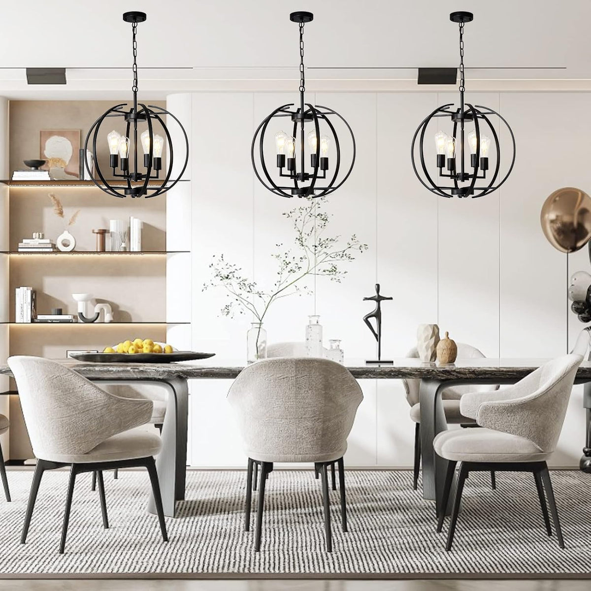 Large Lantern Globe Black Chandelier Lighting, Farmhouse Chandelier Adjustable Pendant Lighting Fixtures Hanging Ceiling 4 Light for Kitchen, Dining Room, Living Room, Hallway