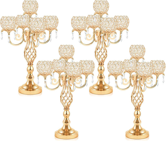 5-Arm Crystal Candelabra Centerpiece 23.2" Tall - Elegant Candle Holder Stand with Crystal Bowl, Chic Table Decor for Weddings, Parties, Anniversary & Home Decoration (4, Gold)