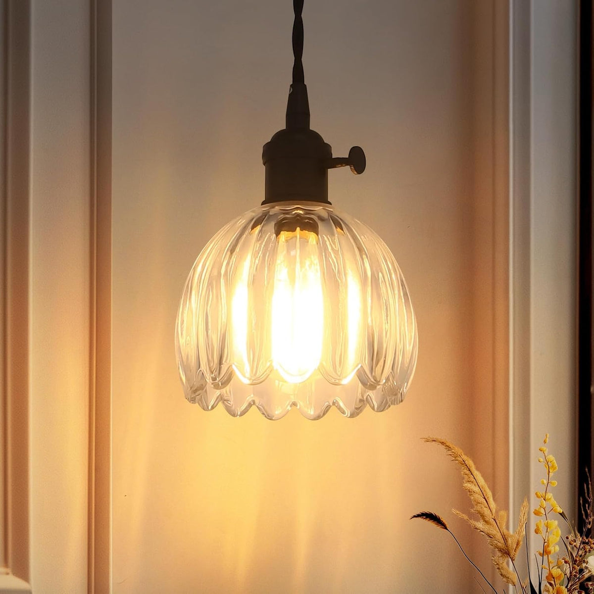 Vintage Black Pendant Light with Clear Tulip Glass Lampshade, Ideal Pendant Light Fixtures with 70 Inch Cord for Kitchen Island, Dining Room, Bedroom, Over Table, Living Room & Entryway (Hardwired)