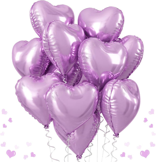 Purple Foil Heart Balloons, 12Pcs Lavender Purple Heart Shape Mylar Balloons, 18 Inch Light Purple Helium Heart Balloons for Girls Women Birthday Wedding Baby Shower Valentines Anniversary