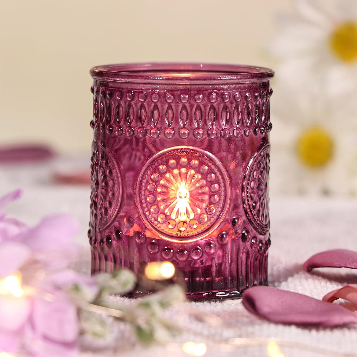 DARJEN Purple Votive Candle Holders Set of 36- Glass Tea Light Candles for Purple Candles, Embossed Candle Votives for Wedding Table Centerpiece, Party & Home Decor