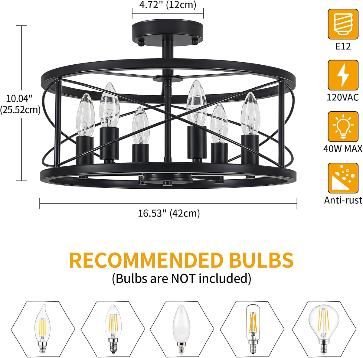 6-Light Black Semi Flush Mount Ceiling Light, 16.54'' Modern Farmhouse Close to Ceiling Light Fixtures, Ceiling Lamp for Hallway Entryway Kitchen Dining Room Living Room Bedroom Lights, UL Listed