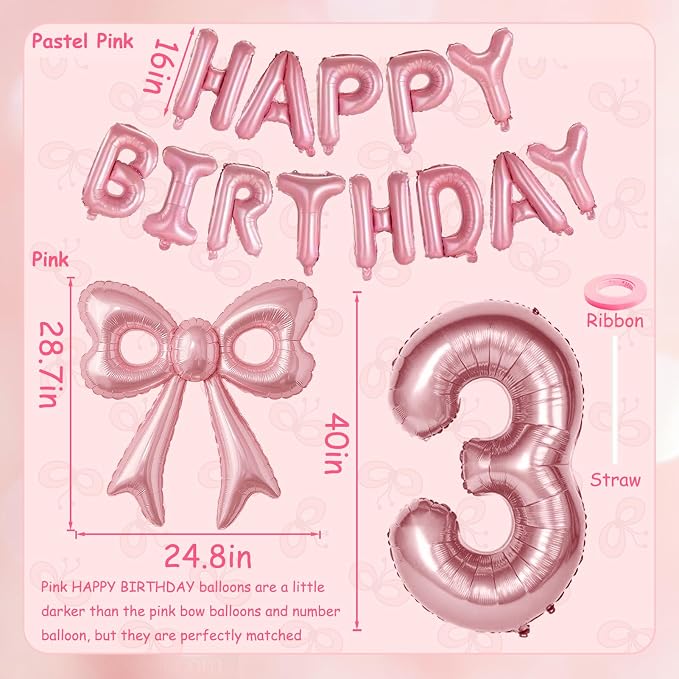 Bow Number 3 Birthday Balloons, Coquette Party Decorations Supplies - Image 6