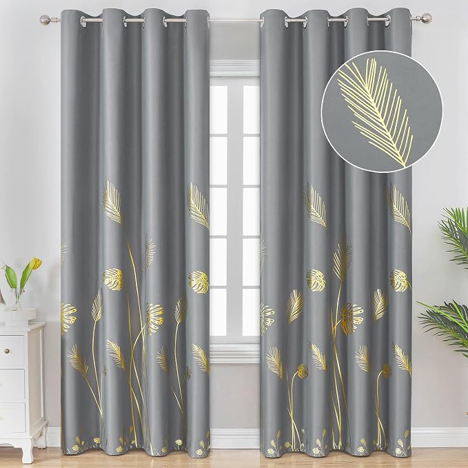 Foil Print Gold Palm Tree Curtains Blackout Curtains 96 Length Energy Saving by ESTELARTEXTILER
