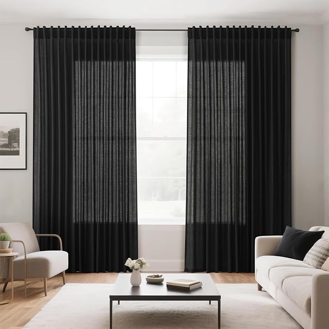 Black Linen Blend Semi Sheer Curtains 86 Inches Long 2 Panel Set Pocket Back - Image 8