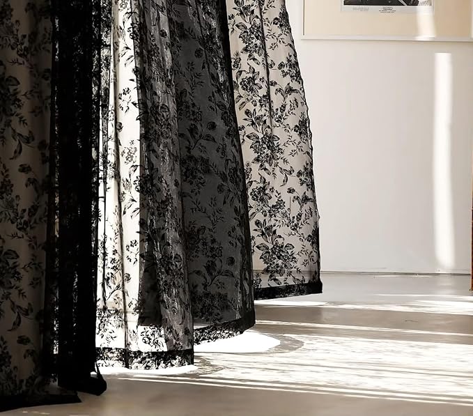 Black Floral Lace Curtains for Bedroom Living Room, French Light Filtering - Image 4