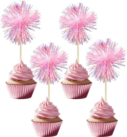 Gyufise 30Pcs Foil Firework Cupcake Toppers Sparkle Tinsel Cake Toppers Tinsel by Gyufise