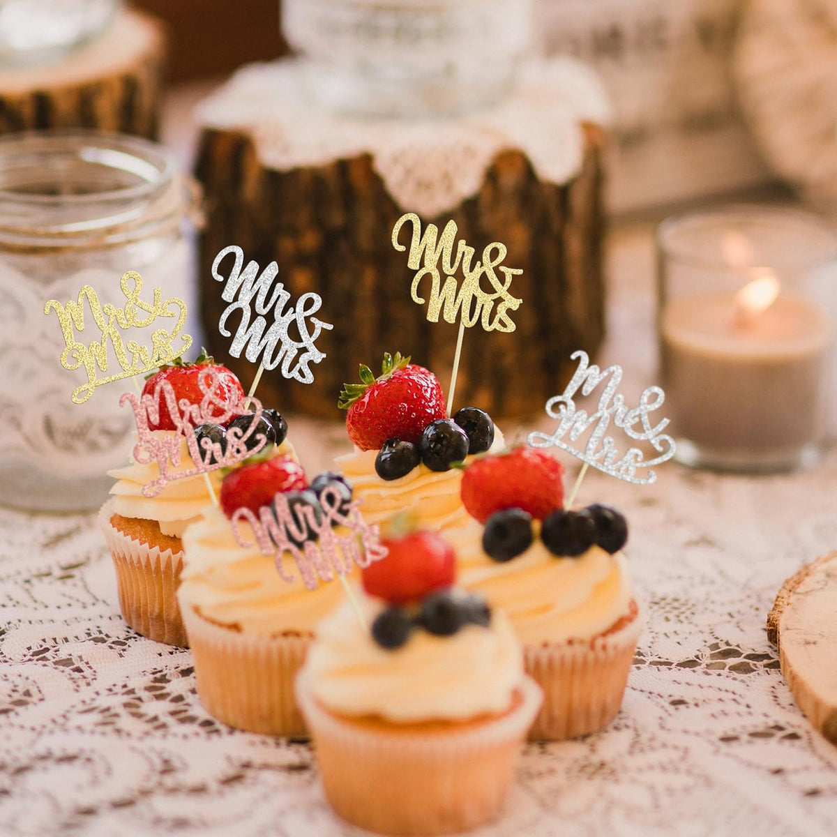 Gyufise 36Pcs Mr & Mrs Cupcake Toppers Glitter Bridal Shower Cupcake Picks for Wedding Engagement Birthday Anniversary Party Cake Decorations Supplies Colorful