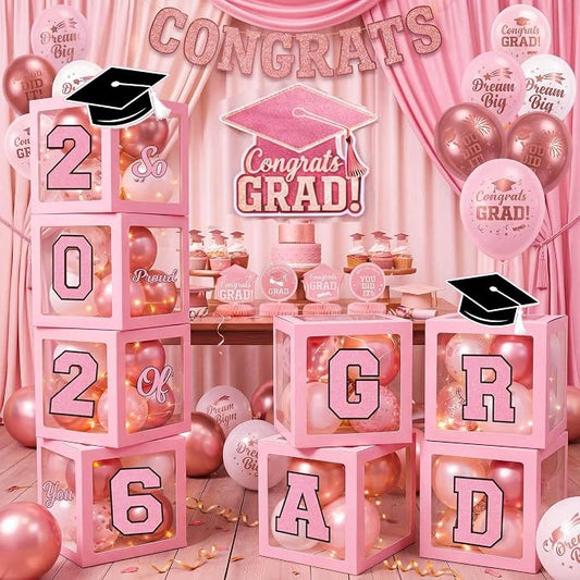 Pink Graduation Decorations 2026 Rose Gold Balloon Boxes by makegraduationunforgettable