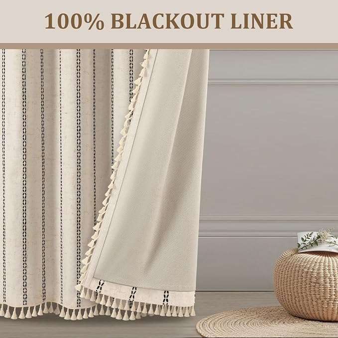 Beige 100% Boho Blackout Curtains 84 Inch 2 Panels - Image 7