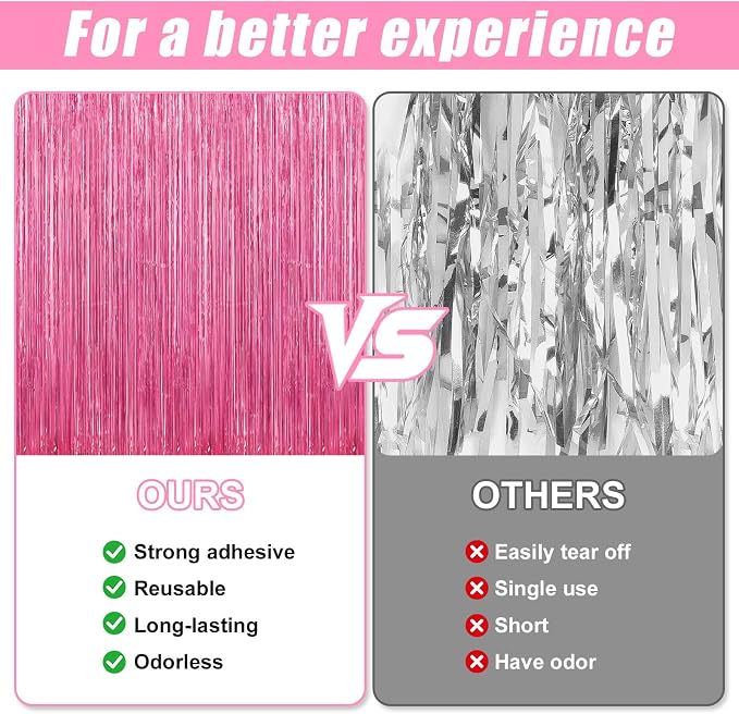 3 Pack 3.3 x 9.9 ft Pink Foil Fringe Curtains Streamers Party Decorations | - Image 3