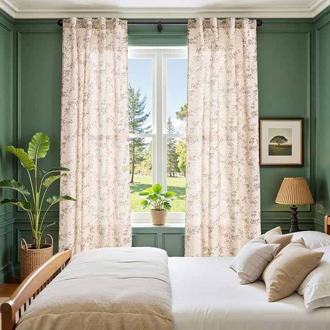 jinchan Taupe Floral Linen Curtains 90 Inch Farmhouse Back Tab 2 Panels | Taupe - Image 4