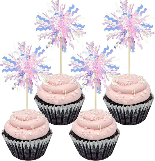 Gyufise 30Pcs Foil Firework Cupcake Toppers Sparkle Tinsel Cake Toppers Tinsel by Gyufise