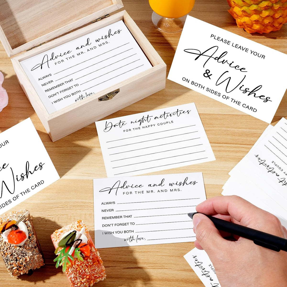 85 Pcs Advice and Wishes Cards Wooden Box Set for The Mr and Mrs,White Advice and Wishes Cards with Black Pen for the Bride and Groom,Bridal Shower,Wedding Party Game Decorations Supplies