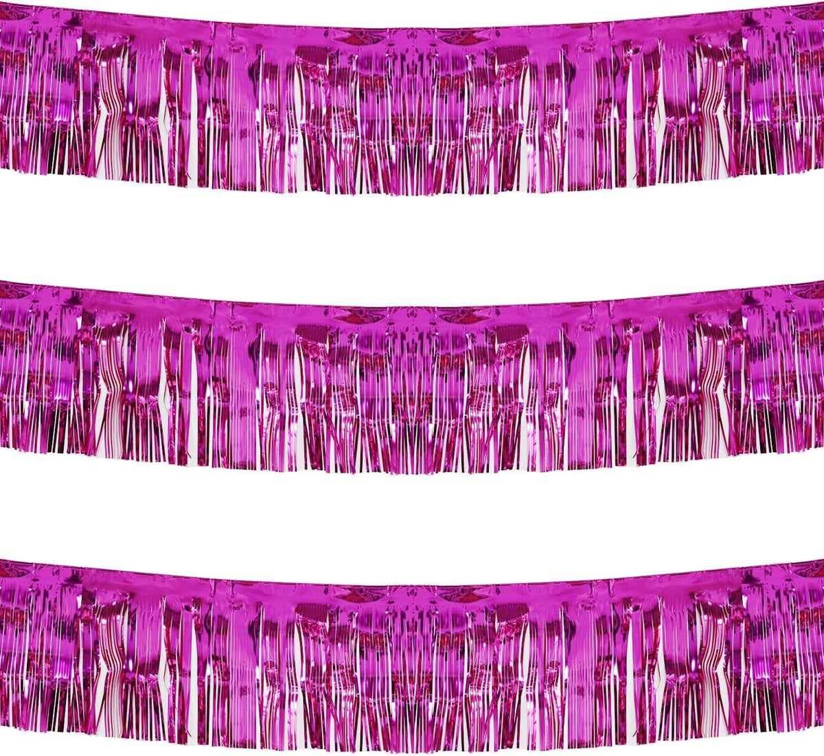 Thick 10 feet by 15 inches Fuchsia Foil Fringe Garland - Pack of 3 | Shiny Metallic Tassle Banner for Car Parade Floats, Wedding, Birthday | Wall Hanging Fringe Garland Banner (Fuchsia)