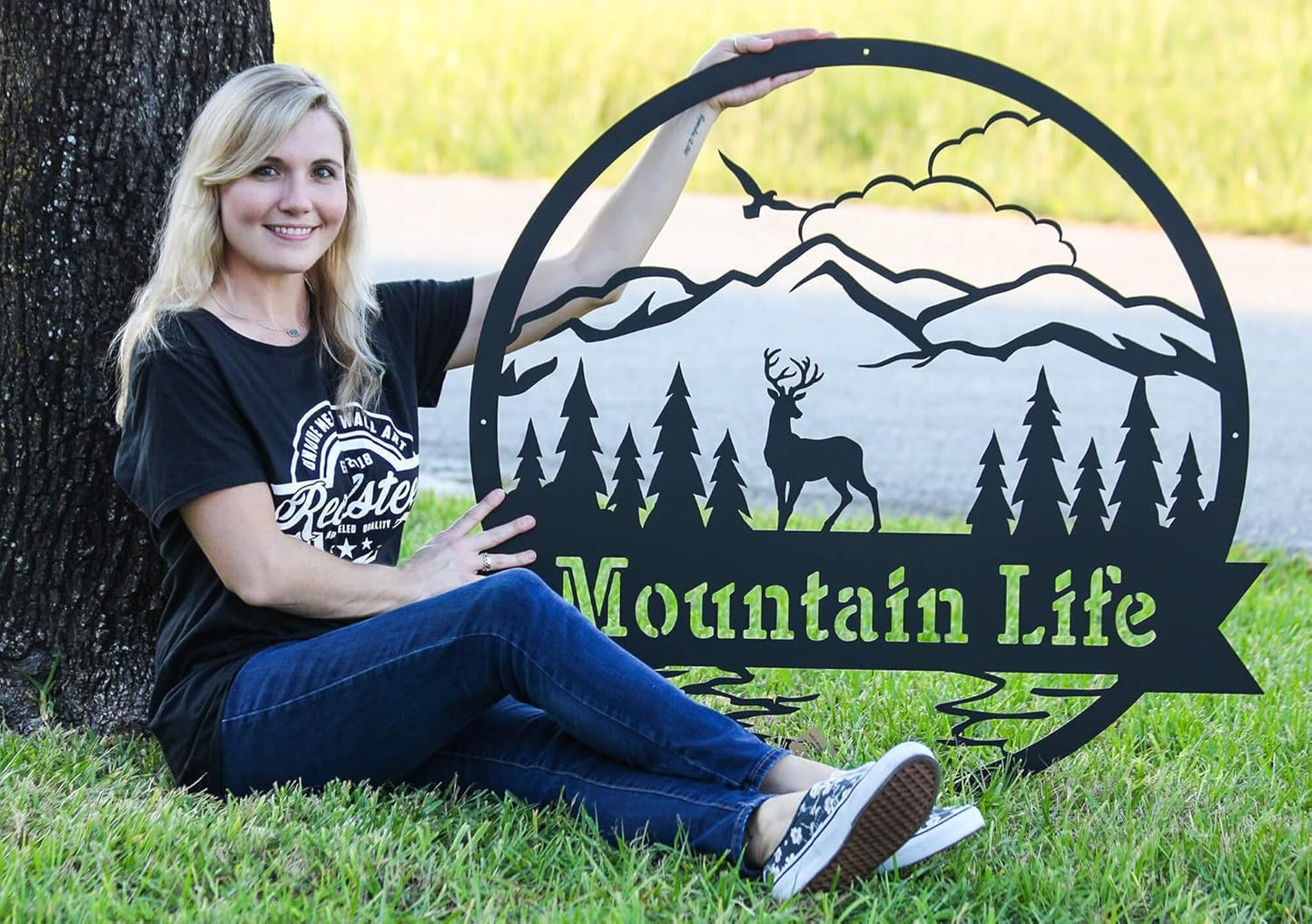 RealSteel Personalized Metal Wall Art - Circular Nature Scene with Mountains, Lake, Deer & Bird - Custom Name on Banner - Outdoor Landscape Decor for Home & Gifts - Black, 30"