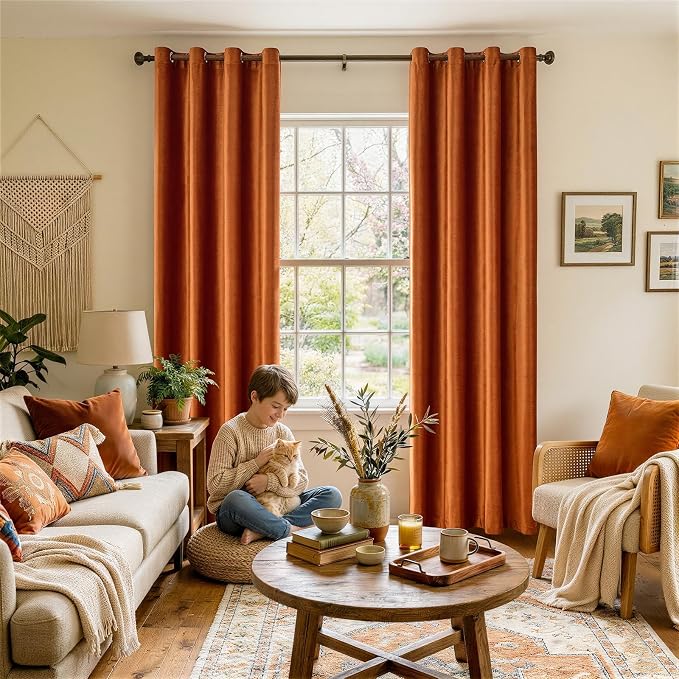BULBUL Velvet Burnt Orange Blackout Curtains 96 inch Long - Image 2