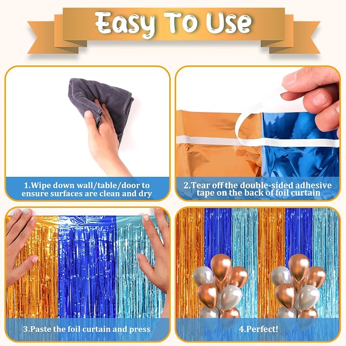 Voircoloria Blue Orange Foil Fringe Backdrop Curtains, 2 Pack | Tinsel Streamers - Image 4