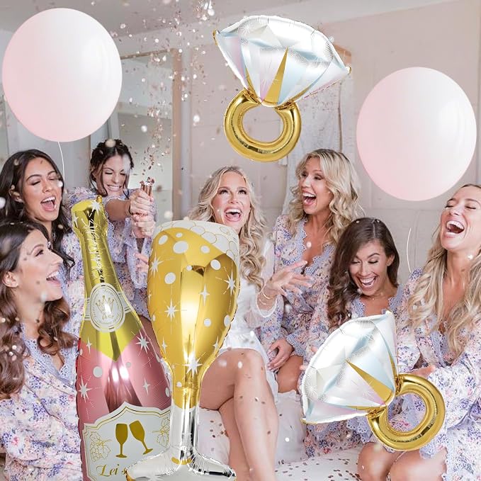 4 Pcs Bachelorette Balloons, Huge Rose Gold Champagne Bottle Diamond Ring - Image 3