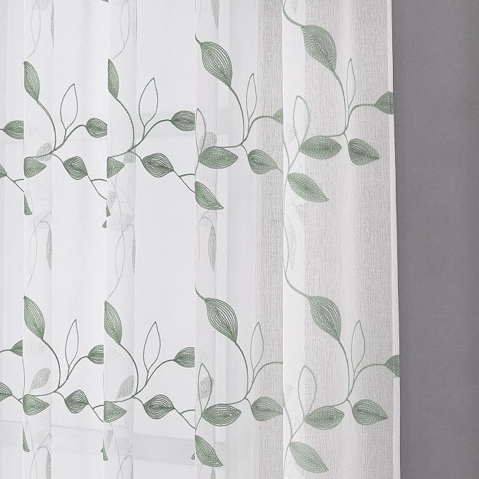 Tollpiz Sage Green Leaf Sheer Curtains Living Room Short 54 x 45 Inches | - Image 8