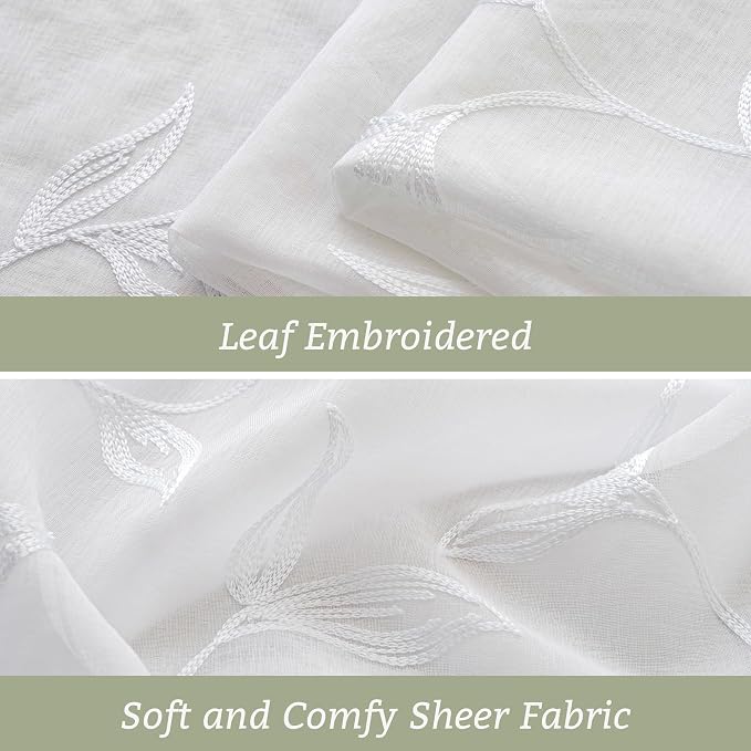 White Sheer Curtains Boho Leaf Floral Embroidered 54Wx84L | Light Filtering - Image 5