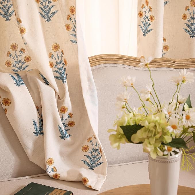 Designer Vintage Linen Printed Curtain, 2 Panels, Pale Yellow Floral Pattern - Image 9