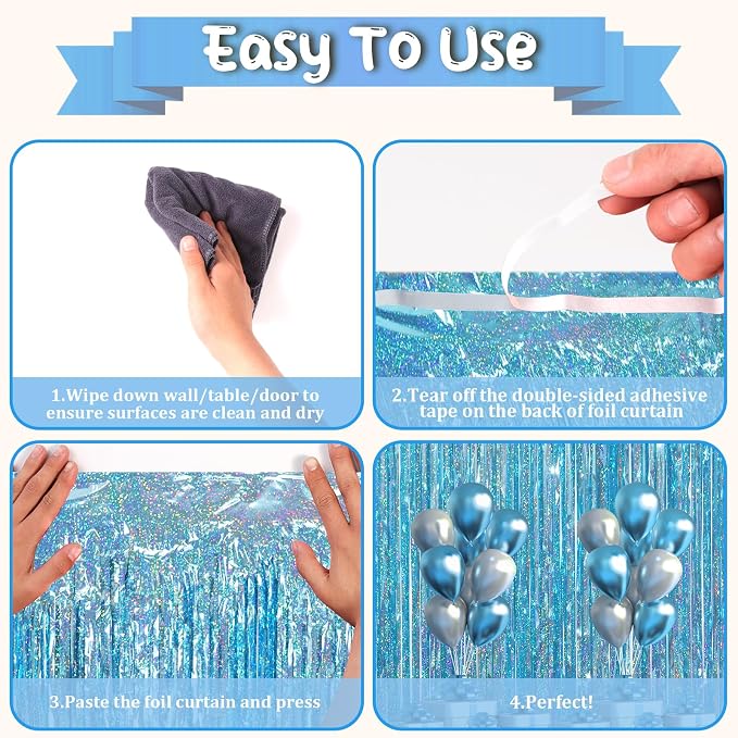 Voircoloria Light Blue Foil Fringe Backdrop Curtains, Birthday Party Decorations - Image 3