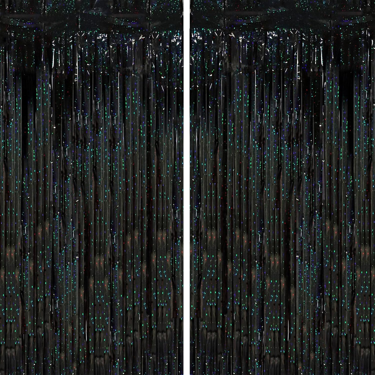 2 Pack Laser Black Tinsel Foil Fringe Curtains, Black Party Decorations, Metallic Tinsel Party Streamers Backdrop for Birthday Halloween Masquerade New Years Gatsby 1920s Party Decorations