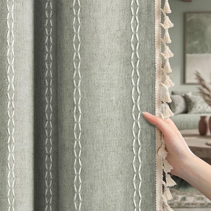 Sage Green Boho Blackout Curtains 63 Inch 2 Panels - Image 2