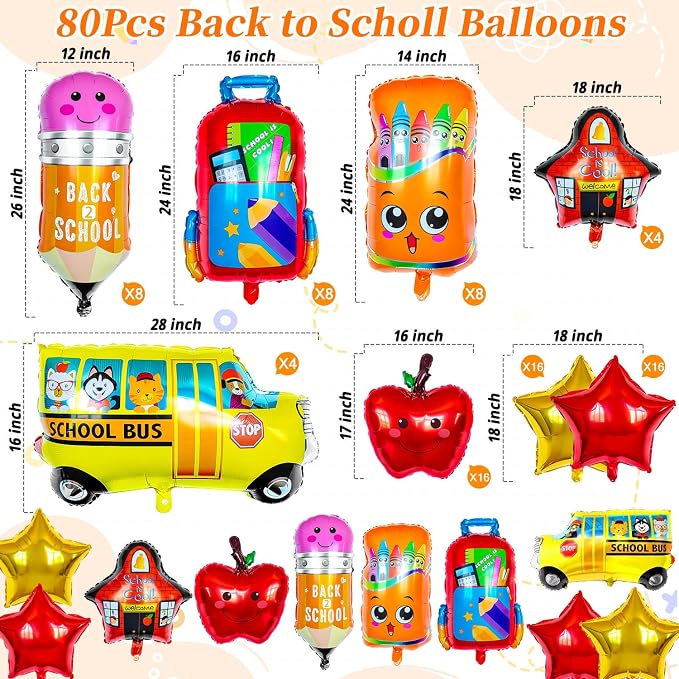 80 Pcs Back to School Balloons, Colorful Bus School Pencil Apple Crayon Foil - Image 7