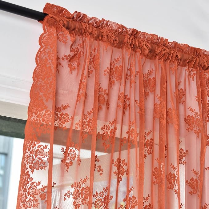 Kotile Burnt Orange Sheer Lace Curtains - Image 3
