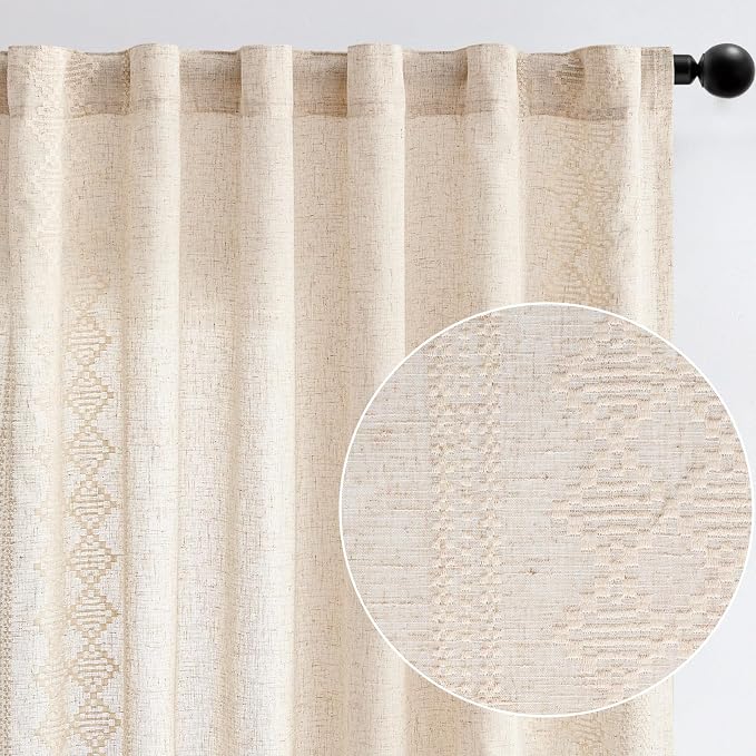 jinchan Floral Linen Curtains Embroidered Back Tab 50x84in 2 Panels Ivory | - Image 9