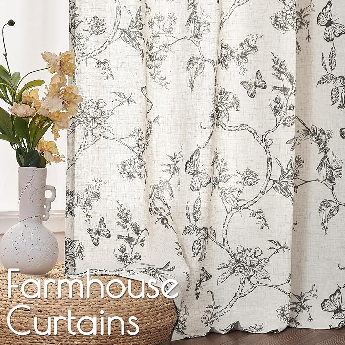 Black Floral Linen Curtains Farmhouse Rod Pocket 50W X 96L 2 Panels | Charlotte - Image 3