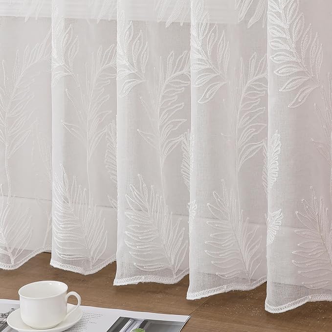 White Sheer Curtains Embroidered Leaf 2 Panels 84 Inches Long | Light Filtering - Image 4