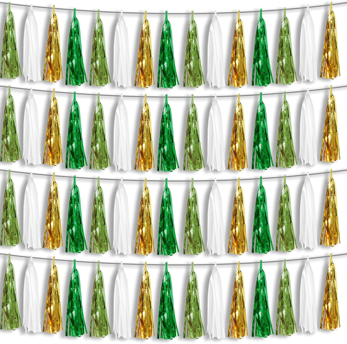 4P Sage-Green Beige-Mint Gold Foil Fringe Metallic Tassel Garland Banner, Tassels Banner Streamers for Parade Floats, Bachelorette, Wedding, Birthday, Christmas, Bridal/Baby Shower Party Decorations
