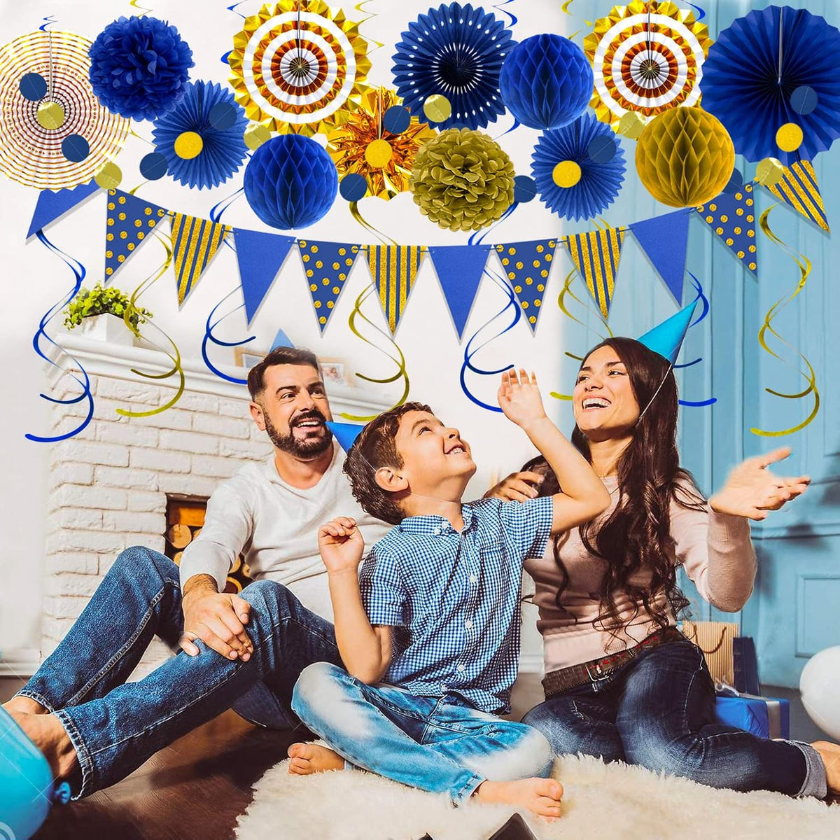 Blue Gold Party Decorations Paper Fans, Graduation Season Hanging Glitter Triangle Flags Banner Hanging Paper Fan Happy Birthday Banners and Triangular Flag, Bridal Shower,Blue Themed Birthday