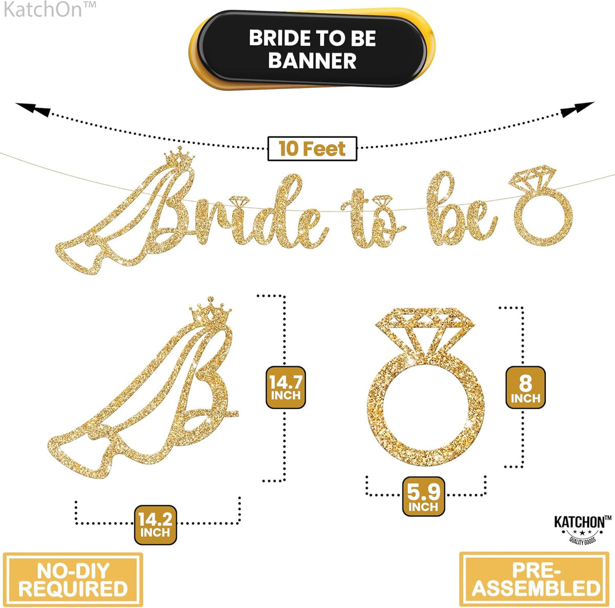 KatchOn, Glitter Bride to Be Banner Gold - 10 Feet, No DIY | Bridal Shower Banner for Bridal Shower Decorations | Gold Bachelorette Party Decorations | Bride to Be Decorations