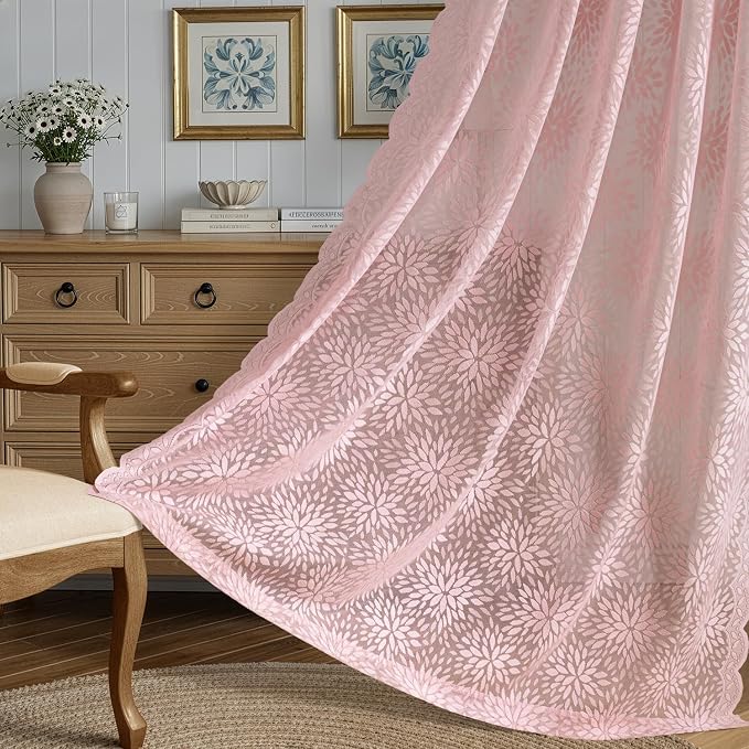 MIULEE Vintage Floral Scalloped Lace Curtains, Light Pink 52" W x 72" L | 2 - Image 3