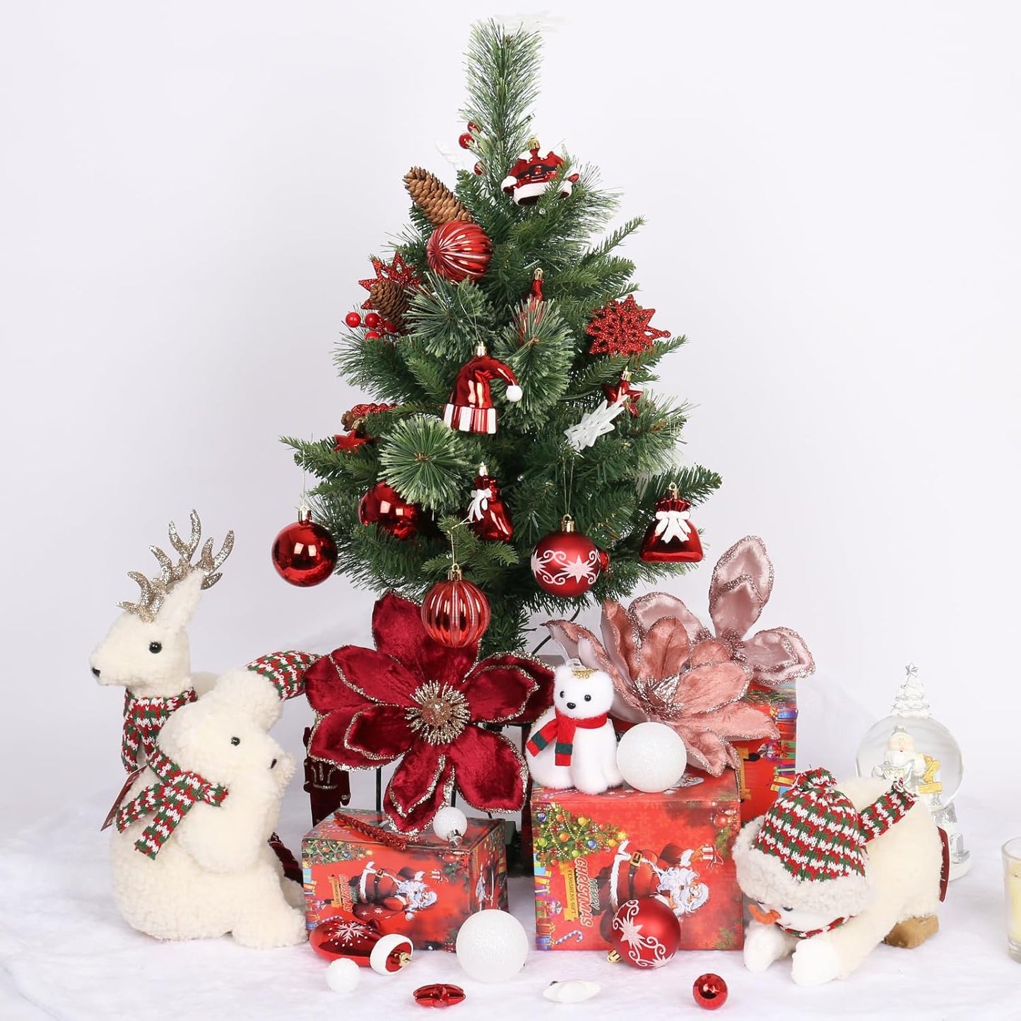Red White Christmas Ornaments Set, 45PCS Plastic Shatterproof Christmas Tree Hanging Decorations, for Indoor Holiday Party Thankgivings Xmas Decor.