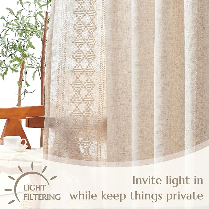 jinchan Floral Linen Curtains Embroidered Back Tab 50x84in 2 Panels Ivory | - Image 4