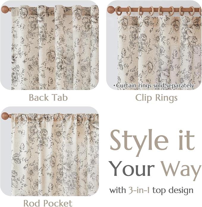 jinchan Black Floral Linen Curtains Lined 96 Inch Vintage Back Tab 2 Panels | - Image 6