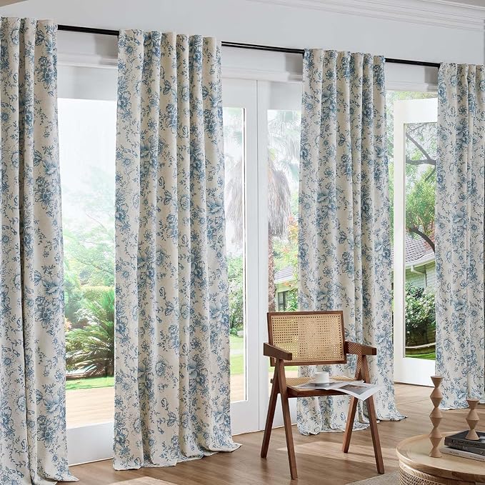 jinchan Blue Floral Linen Blackout Curtains Lined 96 Inch Back Tab 2 Panels | - Image 7
