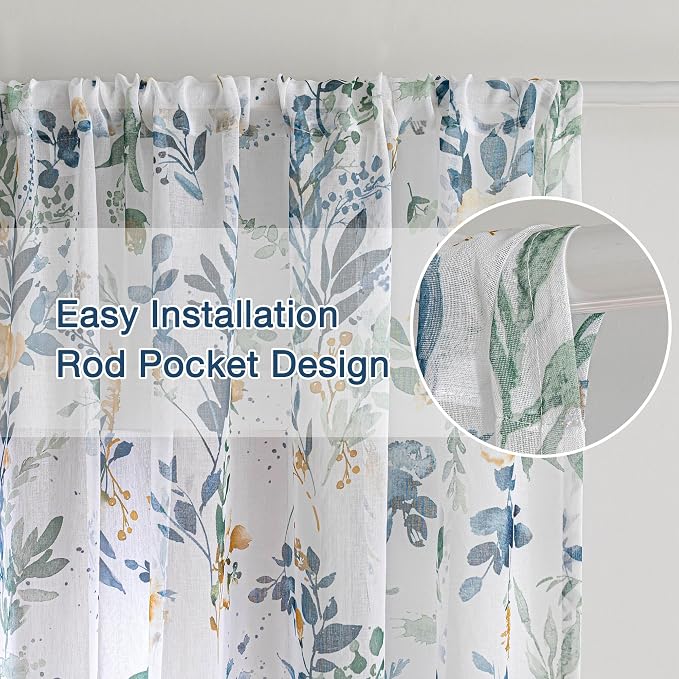 MYSKY HOME Yellow and Blue Sheer Floral Curtains 102 Inch Length 2 Panels | - Image 3