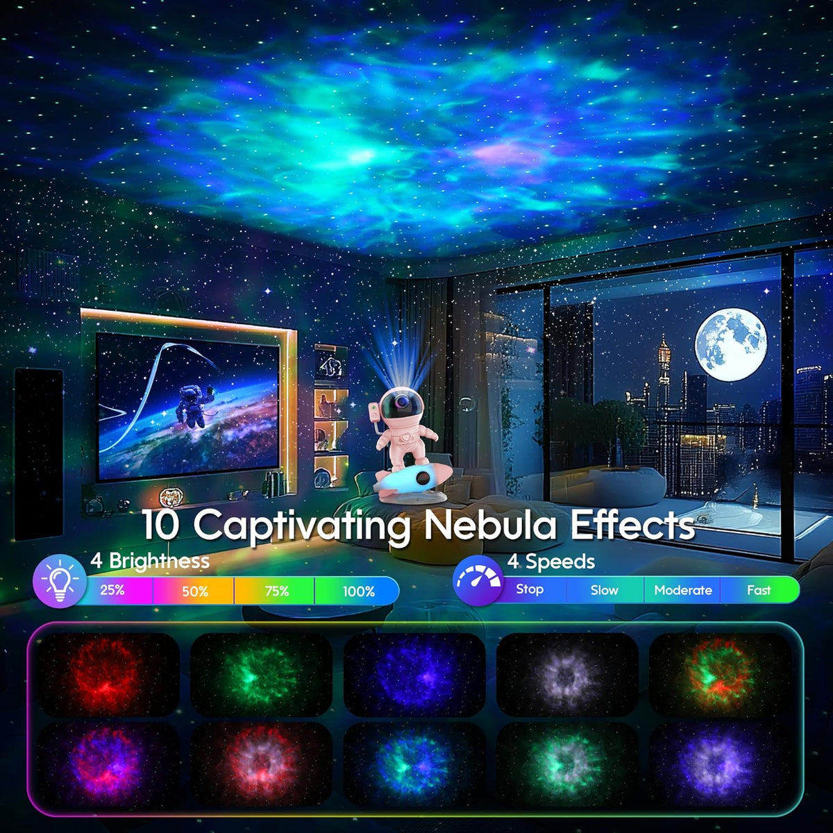 FlyEagle Astronaut Galaxy Projector, Star Nebula Projector with Rocket Lamp, Night Lights LED Star Projector for Bedroom, Remote Control, White Noises, Bluetooth Speaker for Bedroom, BL-HJ07