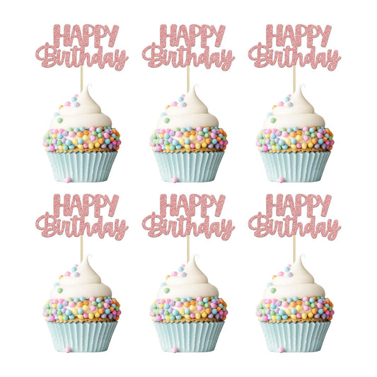 Gyufise 24Pcs Happy Birthday Cupcake Toppers Rose Gold Glitter Birthday Cake Picks for Celebrating Birthday Party Baby Shower Party Decorations Supplies