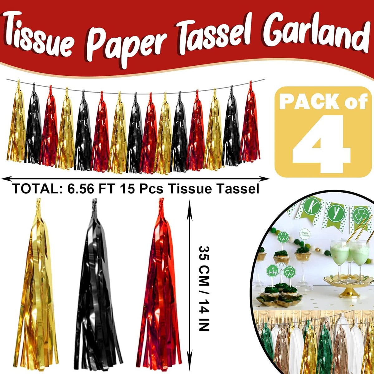4P Black-Red Gold Foil Fringe Metallic Tassel Garland, Tassels Banner Streamers for Parade Floats, Bachelorette, Wedding, Birthday, Halloween, Christmas, Bridal/Baby Shower Party Decorations