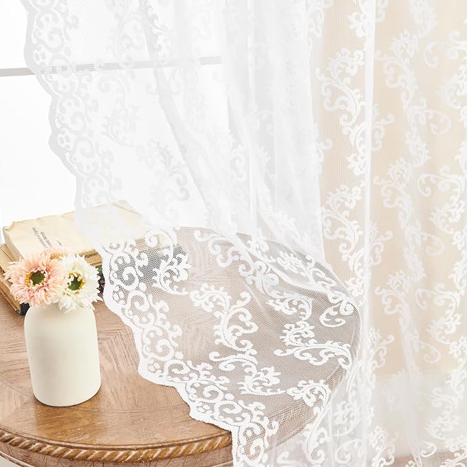 White Lace Curtains 80 Inches Long 2 Panels Paisley Pattern Victorian Lace by FOLKSIDEHomeDecoration