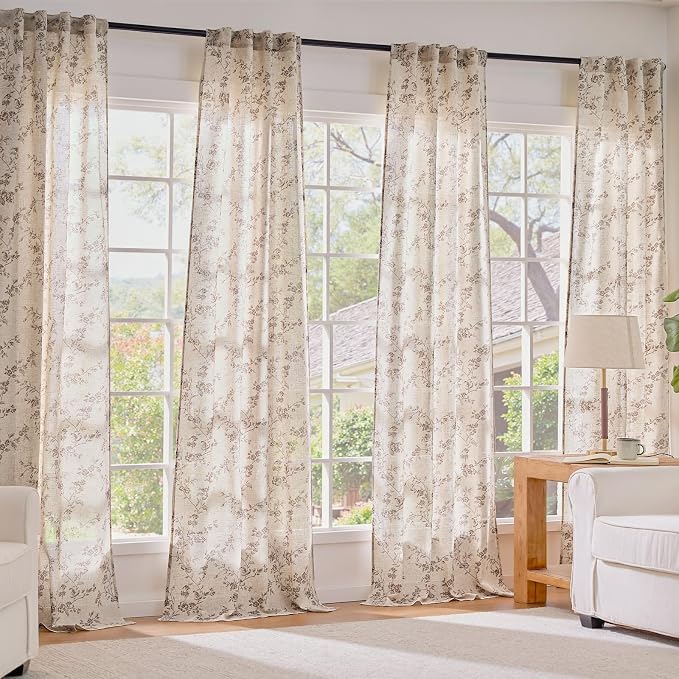 Extra Long Taupe Vintage Floral Linen Curtains Farmhouse 2 Panels | Elisa Series - Image 7